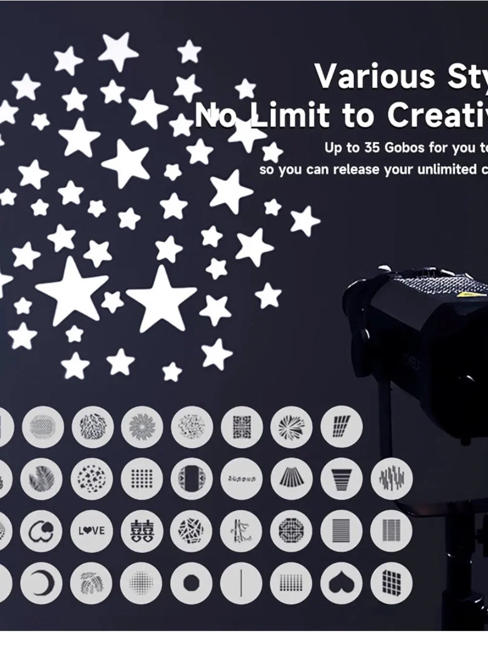 YSKE Optical Snoot Spotlight Projector Bowens Mount + 35 Gobos & 5 Color Gels